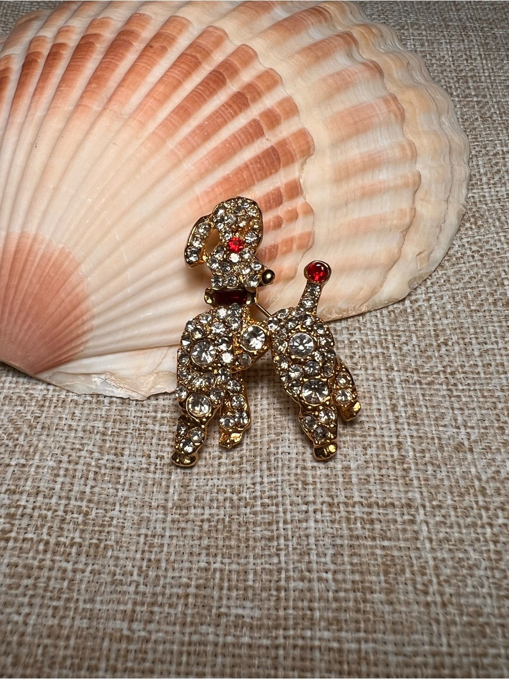 VINTAGE Preppy Retro Gold Poodle Dog Brooch with Clear and Red Crystals
